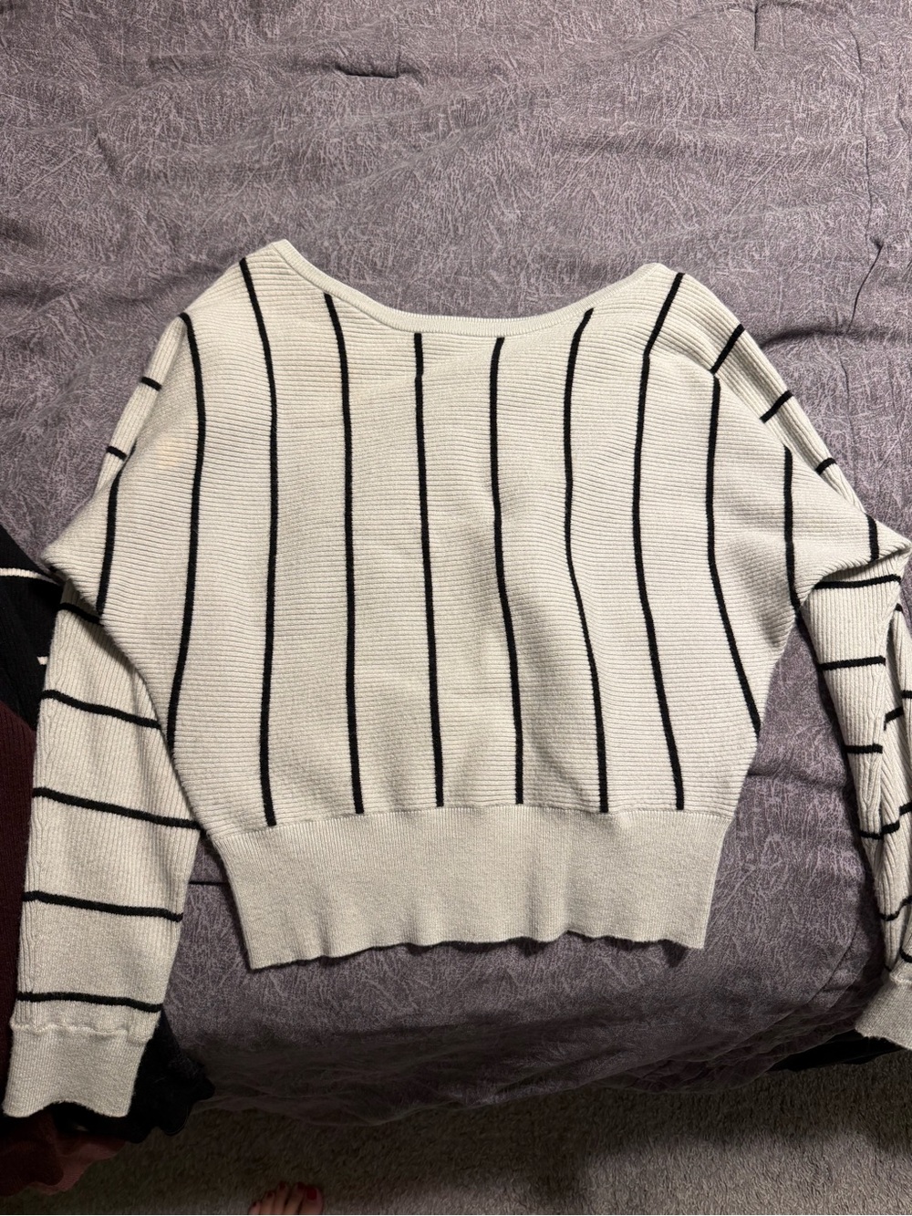 Express Off-the-Shoulder Ivory Sweater with Black Stripes